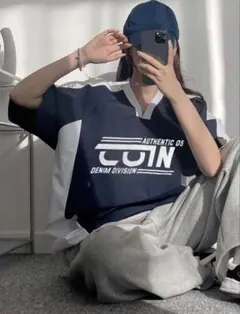 SHEIN Vネック 半袖 Tシャツ ゲームシャツ ネイビー y2k ギャル