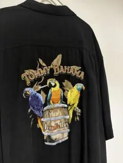 90s トミーバハマ シルク100%アロハシャツ 黒 L コンゴウインコ 刺繍のサムネイル