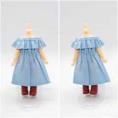 ハンドメイド ドール服 ライトブルー色 オフショルダーフリルワンピース １点