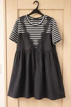 MICALLE MICALLE 異素材切替ワンピース ボーダー レース ブラック