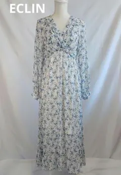 ECLIN 花柄ロングワンピース フリーサイズ シフォン Vネック フレア 長袖