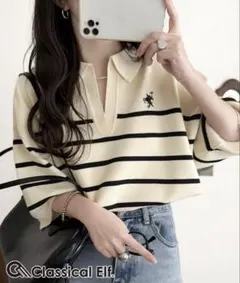 新品タグ付き XL ミラノリブ ポロニット プルオーバー 5分袖トップスのサムネイル