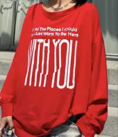 【裏表着用可！】　ロゴデザインロングスリーブTシャツ レッド(赤) Lサイズ