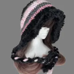 バラクラバ フード帽ファー付き ブラック×ピンク リボンヤーン y2k サブカル