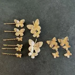 蝶モチーフのゴールドヘアアクセサリー、イヤリングのセット