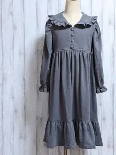 ハンドメイド　子供服　グレー フリル付き襟 ワンピース　140