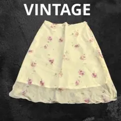 VINTAGE 当時物 ローズ柄 シフォン スカート レモンイエロー 膝丈