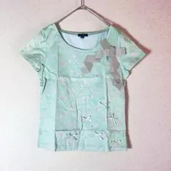 【美品】トッカTOCCAリボンカットソー 花柄フレンチスリーブTシャツ グリーン