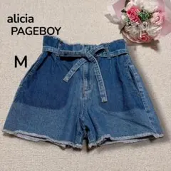【アリシア　ページボーイ】ハイウエスト　デニムショートパンツ　ウエストリボン　Mのサムネイル