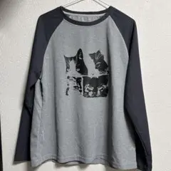 SHEIN 長袖 プルオーバー バイカラー 猫 ネコ プリント グレー Tシャツ
