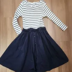 白とネイビーのストライプ 長袖ワンピース XXL130～140