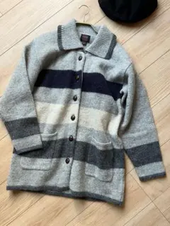 ボーダー　セーター　カーディガン　ボタン　ウール　グレー　オシャレ　レトロ