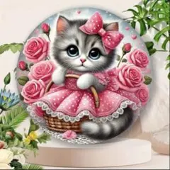 看板 プレート　インテリアボード　ガーデン雑貨　猫　丸型　ブリキ　ウェルカム