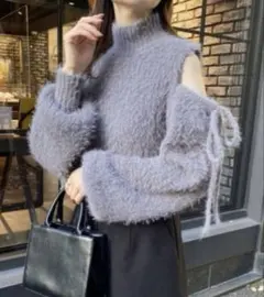 あざと肩あきフェザーニット 2way　グレー　パープル　チャコール