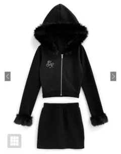 ファー付きパーカーメミニスカートスウェットセットアップ [pm413] ブラック