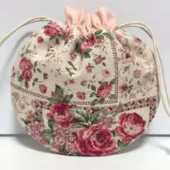 生成レッドとオールドローズ まんまる 巾着　ハンドメイド