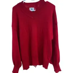 レディースレッド赤いウール混合Vネックセーター L