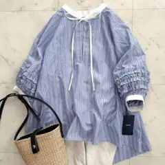 美品 SHIPS 長袖フリルデザインブラウス ストライプ ネイビー 希少
