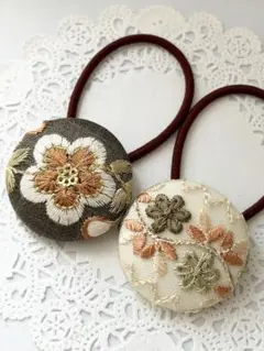 【No.319】インド刺繍 くるみボタン38㎜ ヘアゴム 2個セット