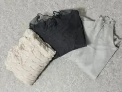 シアートップス 3点セット 長袖 フリルネック ラメ 白 黒 グレー