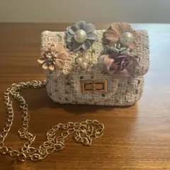 ツイード　ミニショルダーバッグ カラフルツイード　花パール