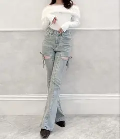 RESEXXY リゼクシー カットアウトリボンデニムパンツ アイスブルー S