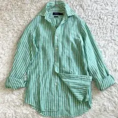 【美品 現行】ポロラルフローレン リネン100% 長袖 シャツ ストライプ 緑