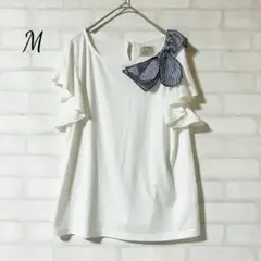 トッコクローゼット フリル袖リボン付きTシャツ ホワイト ブルーストライプ M