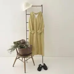 nest robe リネン袖口リブ2wayワンピース ロングワンピース イエロー