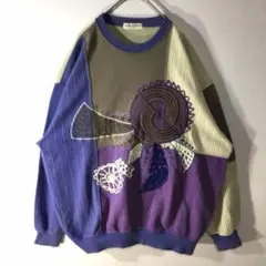 【個性派古着】日本製　ランセル　長袖デザイントレーナー　モダン柄　豪華刺繍入りのサムネイル