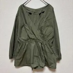 長袖シャツ　トップス　オリーブグリーン ラップスタイル　ウエストゴム