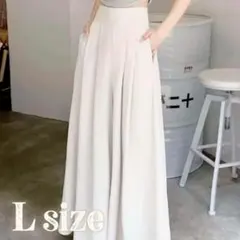 ハイウエスト ワイドパンツ 楽ちん フレア Aライン ロング 白 L