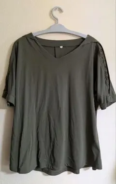 レース袖 Tシャツ Vネック カーキ LLサイズ