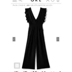 GRL Vネックラッフルワイドオールインワン　ブラック