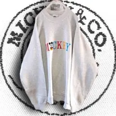 90sヴィンテージ ディズニー刺繍ミッキー裏起毛ライトスウェット XL杢グレー