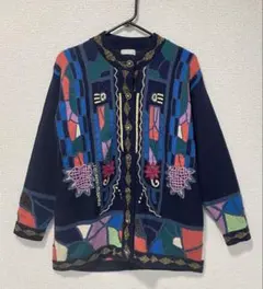 ヴィンテージ風 刺繍ニットカーディガン L レトロ 花柄 総柄 派手 個性 春服