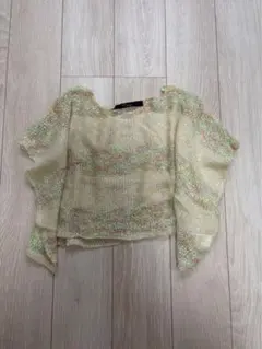 イエローとラメ入りマルチカラーの半袖ボーダーニット