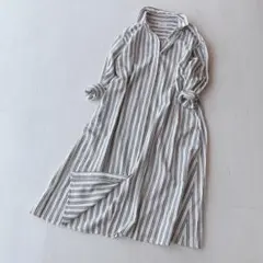 シップスエニィ　コットン　リネン　ストライプ　シャツ　ロングワンピース　比翼