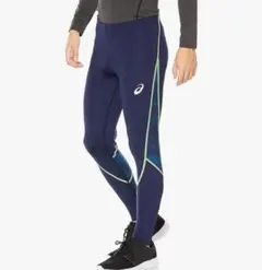 アシックス asics　陸上 ロングタイツ スパッツ　ピーコート×グリーン　XL