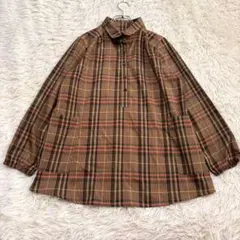 7174 美品✨チェック柄長袖シャツ プルオーバー Aライン 体型カバー ロング