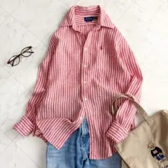 【ポロラルフローレン】リネンシャツ　ストライプ　ポニー刺繍　赤　白　Sサイズ相当