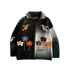 【一点物】90s エクアドルニット フルジップカーディガン フラワー レディース