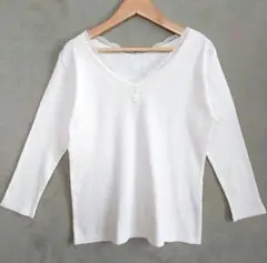 レース付 ホワイト 長袖Tシャツ ニット 白