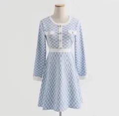 Sibra 水色ギンガムチェック クールネック ワンピース