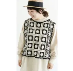 Samansa Mos2 サマンサモスモス かぎ針風 前後着ニットベスト 黒