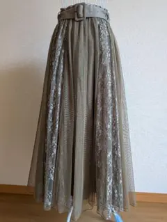 【axes femme】『レース×チュールロングスカート』カーキ