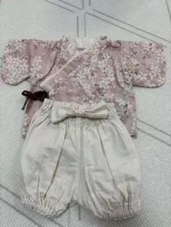 ハンドメイド★ピンク花柄着物とキナリショートパンツ袴セット