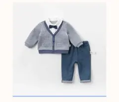 ボウタイ付き格子柄シャツドッキングセーター&パンツ セットアップ