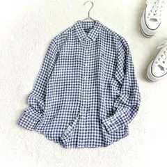 【Gymphlex】フレンチリネン ギンガムチェックシャツ 12 紺　日本製のサムネイル