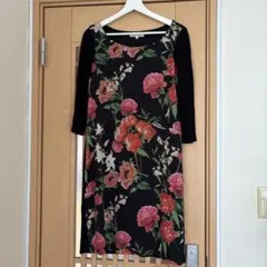 ★ローラアシュレイ★フラワープリント 七分袖ストレッチワンピース 膝丈★M